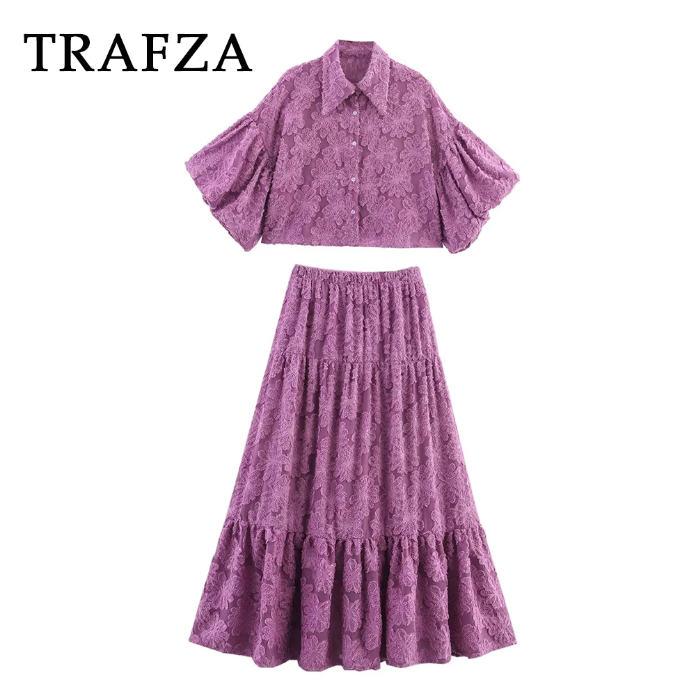 

TRAFZA 2025 Summer Casual Woman Suit Single Breasted Short Shirt+Elastic Waist Draped A-Line Skirt Fashion Elegant Mujer Set