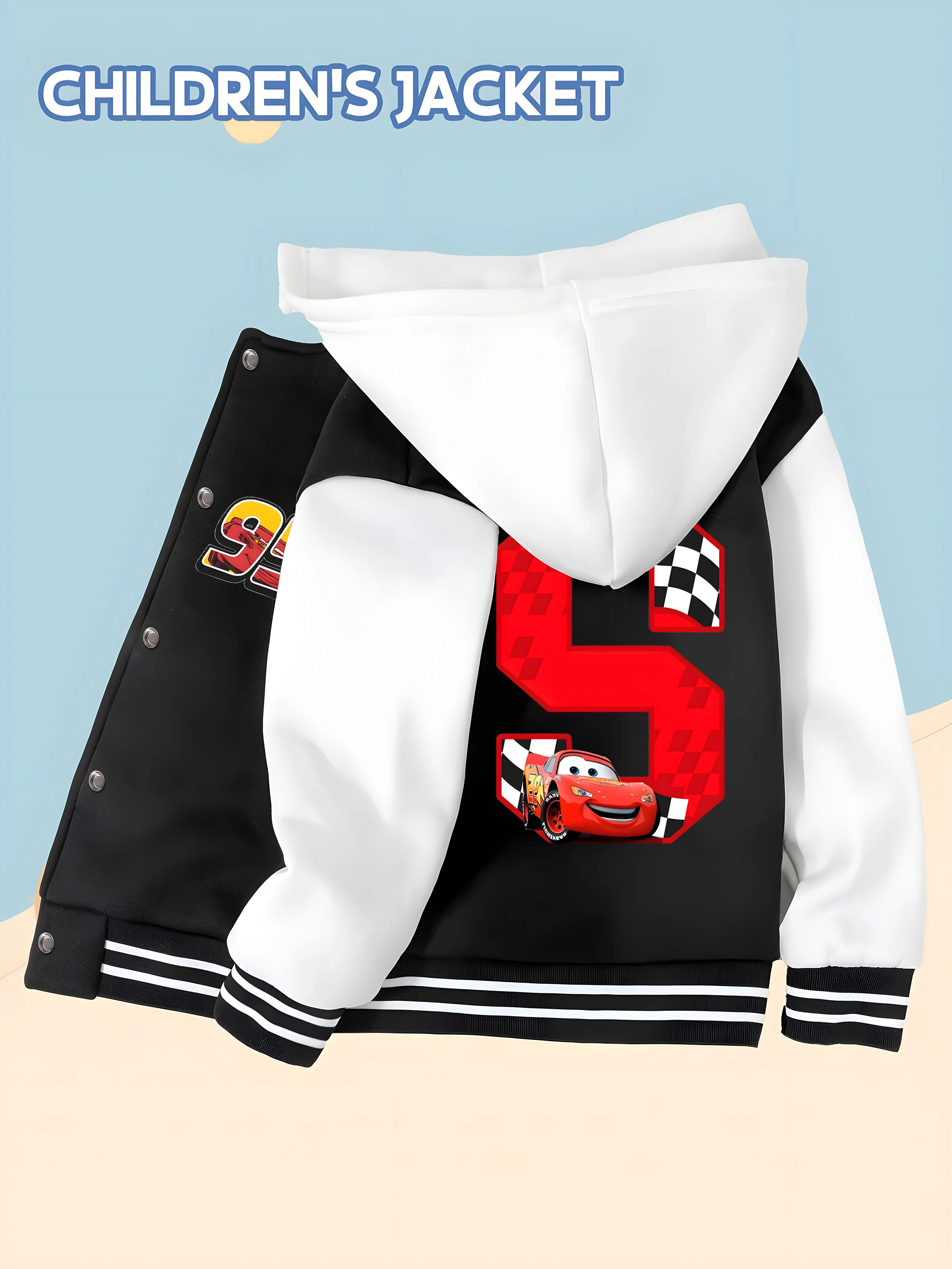 

MINISO Cars Boys' Baseball Jacket - Creative Letter Racing Print, Suitable for Daily School and Disney, Soft and Skin-Friendly