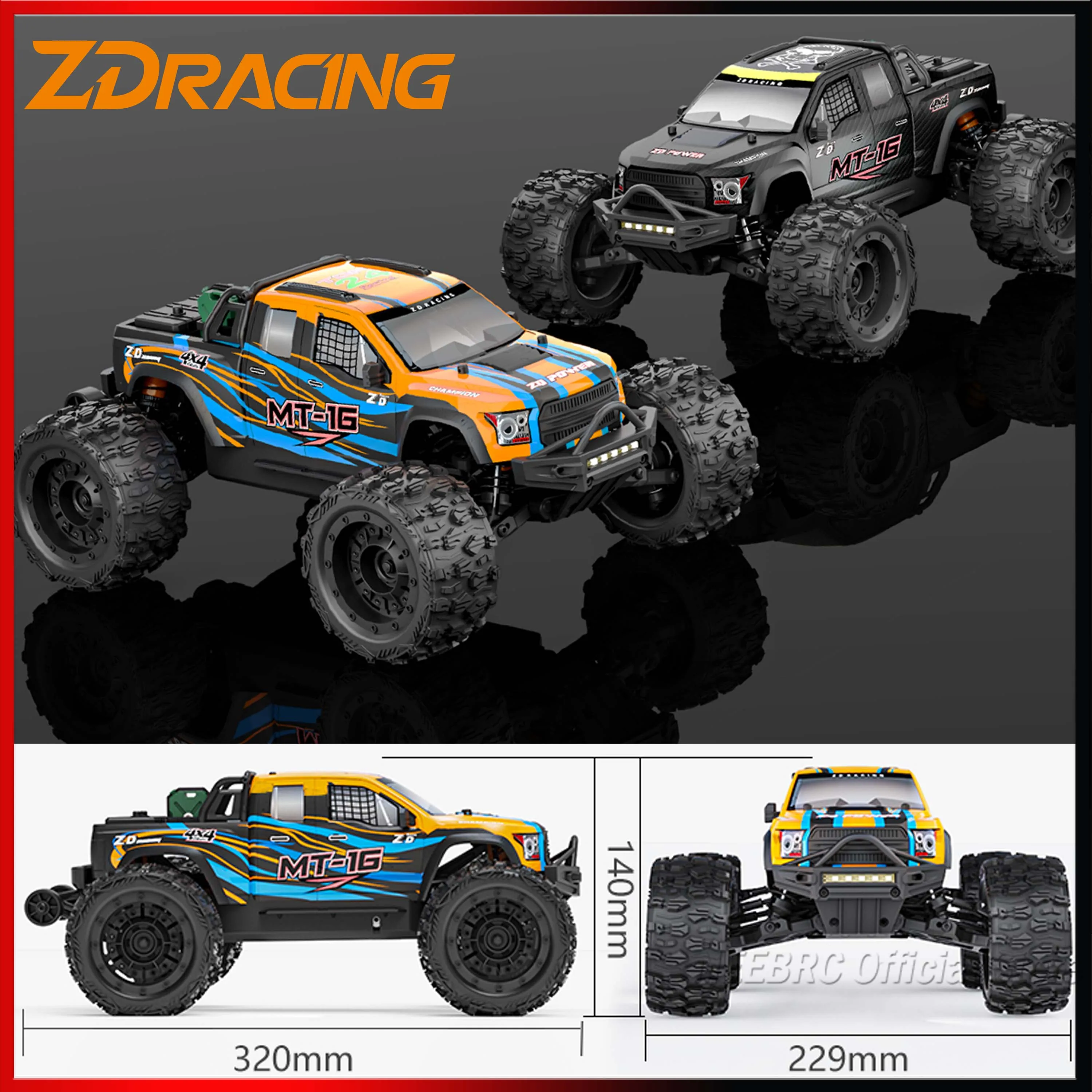 1/16 4WD RC Monster Truck Car MT-16 Brushless 80km/h High-Speed 3S Vehicle Off-road Model 2.4G 4CH Remote Control ESC Motor Part