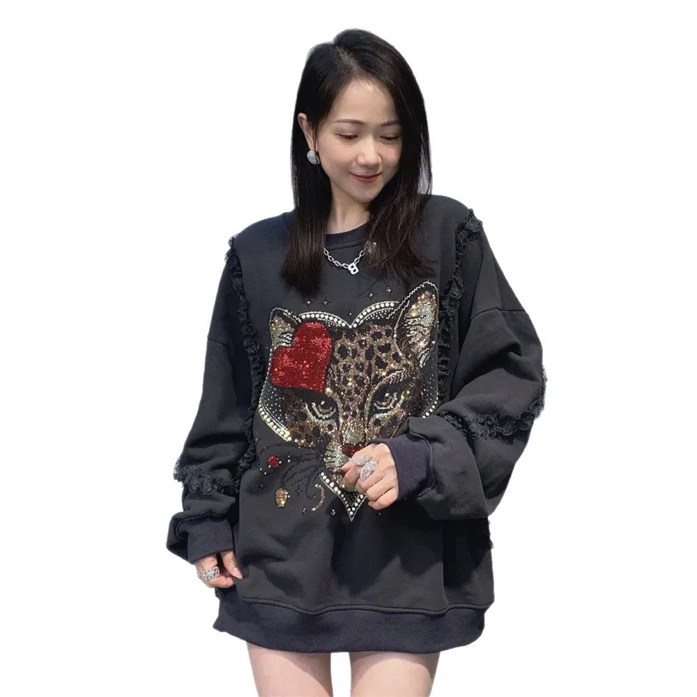 Crew Neck Terry Cotton Sweatshirt for Women Loose Fit Lace Patchwork Pullover Rhinestone Long Sleeve Top Streetwear Women