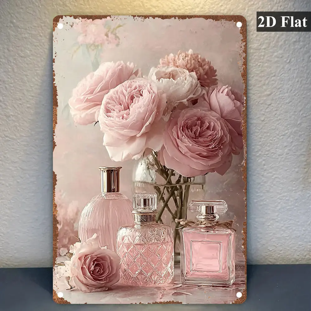 1 pieza de arte de pared metálico vintage con botellas de perfume y rosas rosas - un sofisticado bodego floral con rosas rosas y perfume