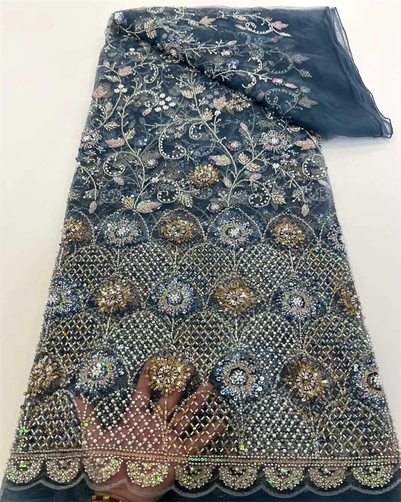 

African Beaded Lace Net Fabric, Nigerian Wedding Material,Luxury Sequins Beads Fabric for Sewing,High Quality
