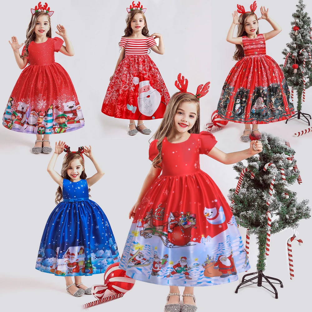 

Teens Cosplay Christmas Girls Dresses Long Snowman Santa Claus Printed Party Princess Kids Dress for Girl Xmas Children Costumes