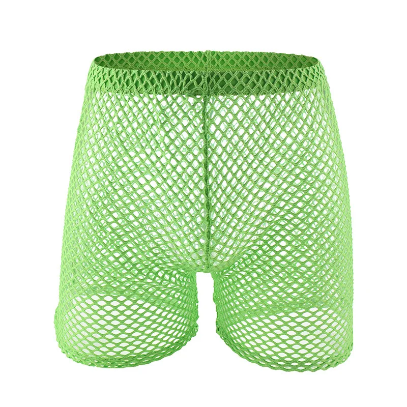 Men Big Fishnet Mesh Mid Length Shorts See Through Hollow Out Elastic Waist Sexy Sport 5/5 Sleepwear Lounge Short Pants