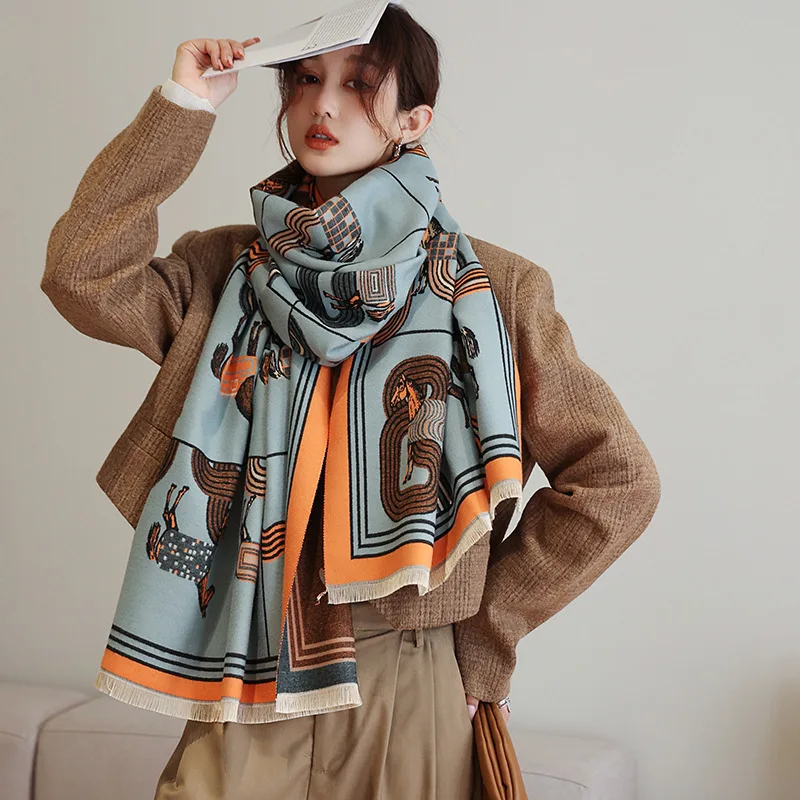 New Fashion Horse Scarf Imitation Cashmere Simple Fringe Shawl Autumn/Winter Warm Tassels Windproof Large Tassels Shawl