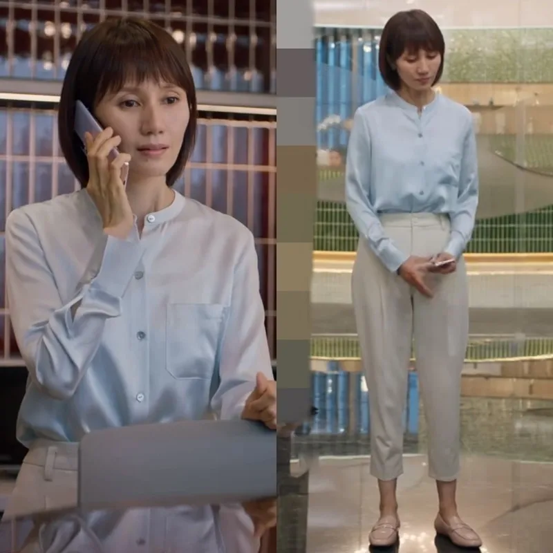 

EXJR Spring Summer Silk Satin Blue Silk Stand Collar Shirt Women's Regular Length Long Sleeve White Pants