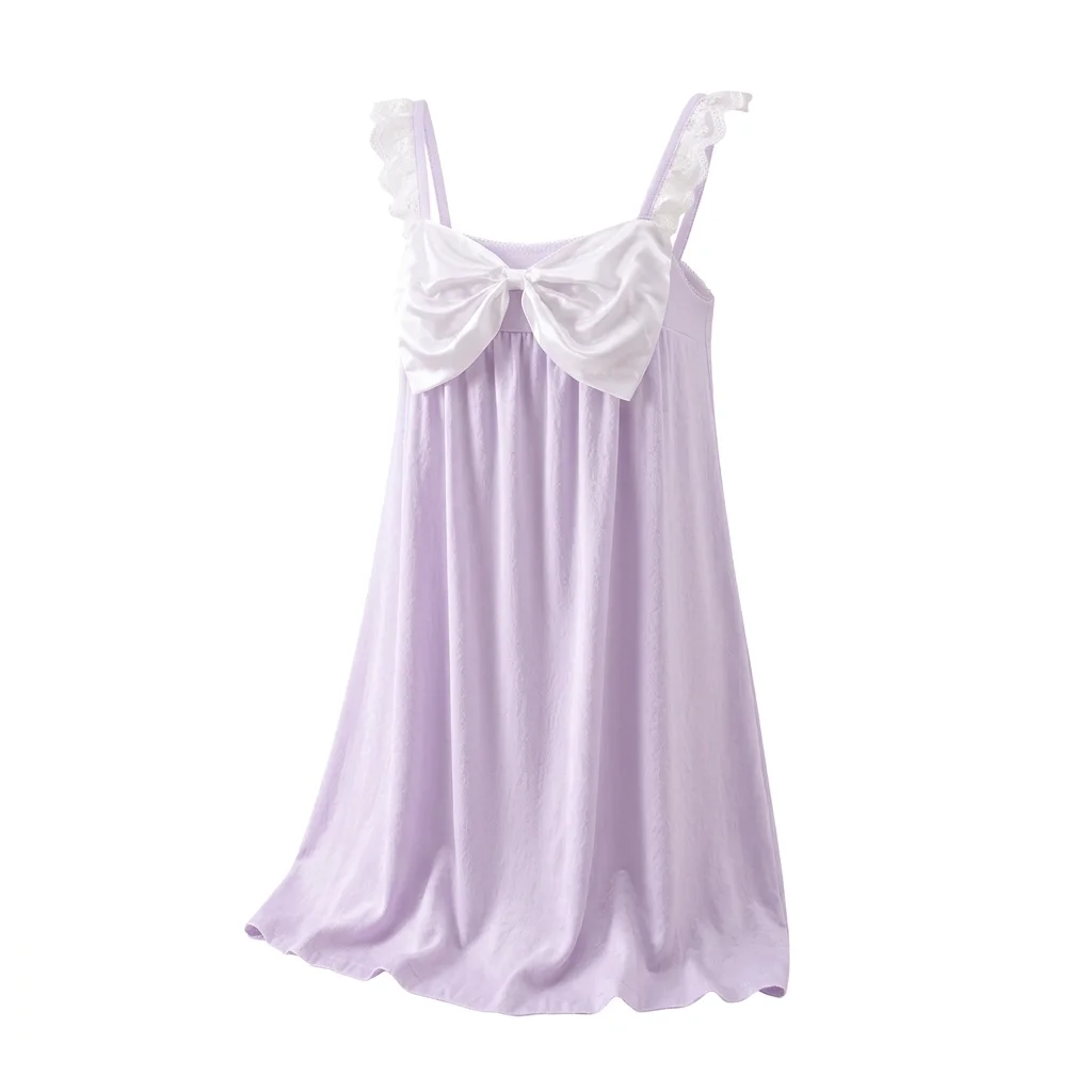 Nightdress Women Lilac Bow Flutter Straps Lightweight Sleeveless Summer Sleepwear Soft Comfy Lounge Nightgown Breathable Cozy