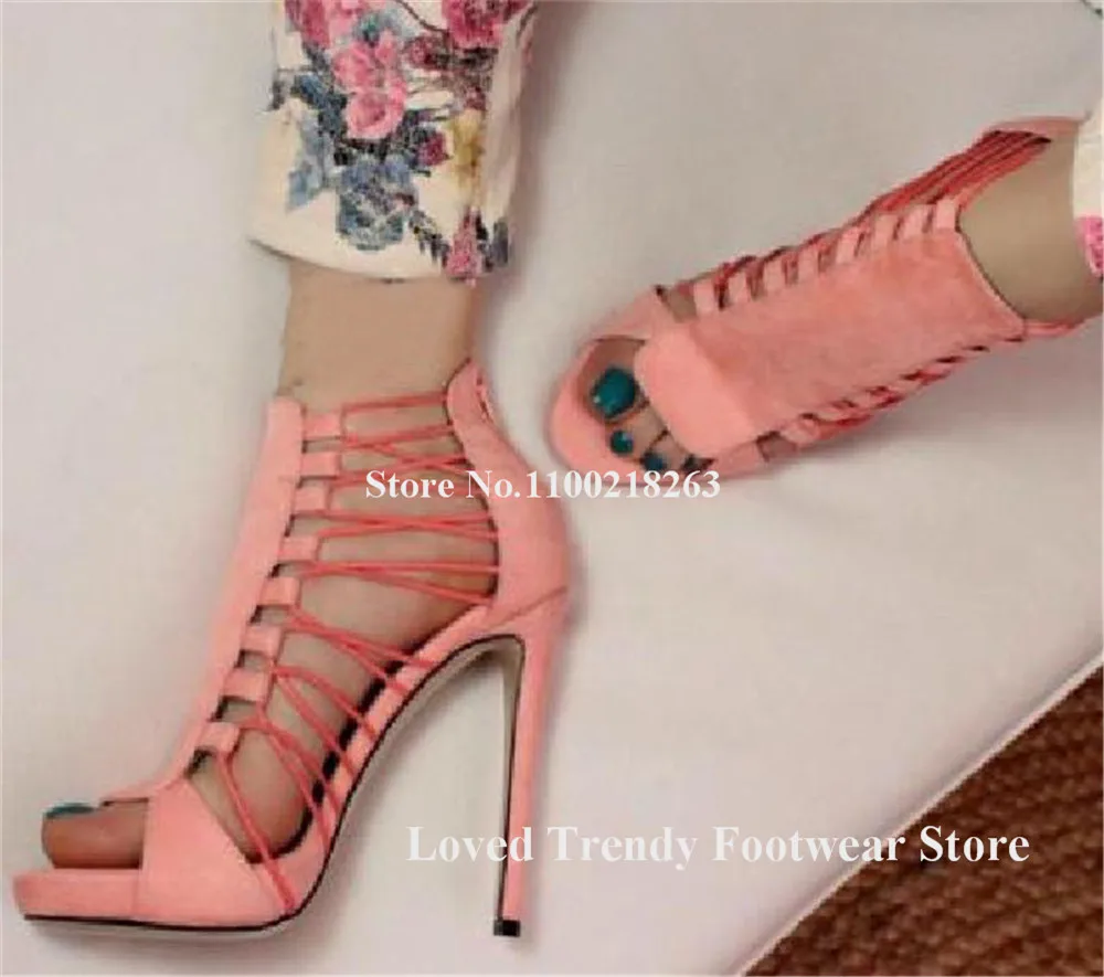 Cut-out Straps Cross Thin Heel Gladiator Sandals Peep Toe Blue Pink Black Suede Stiletto Heel Dress Shoes Party Pumps Big Size