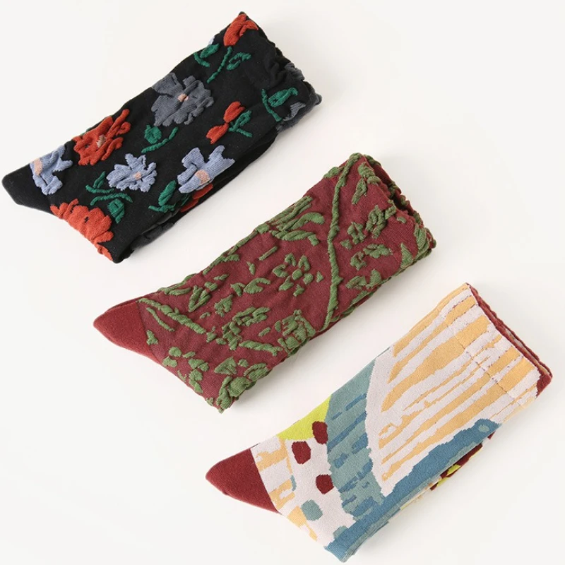 3 Pairs/Set Cute Lolita Kawaii Middle Tube Sock Womens Fashion Socks 3D Floral Embroidery Vintage Creative Spring Summer Socks