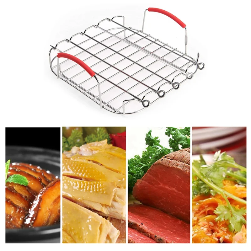CLIM-9 Inch Stainless Steel AirFryer Grill Rack Versatile Square Roasting Grill with Skewers Baking Tray AirFryers Holder