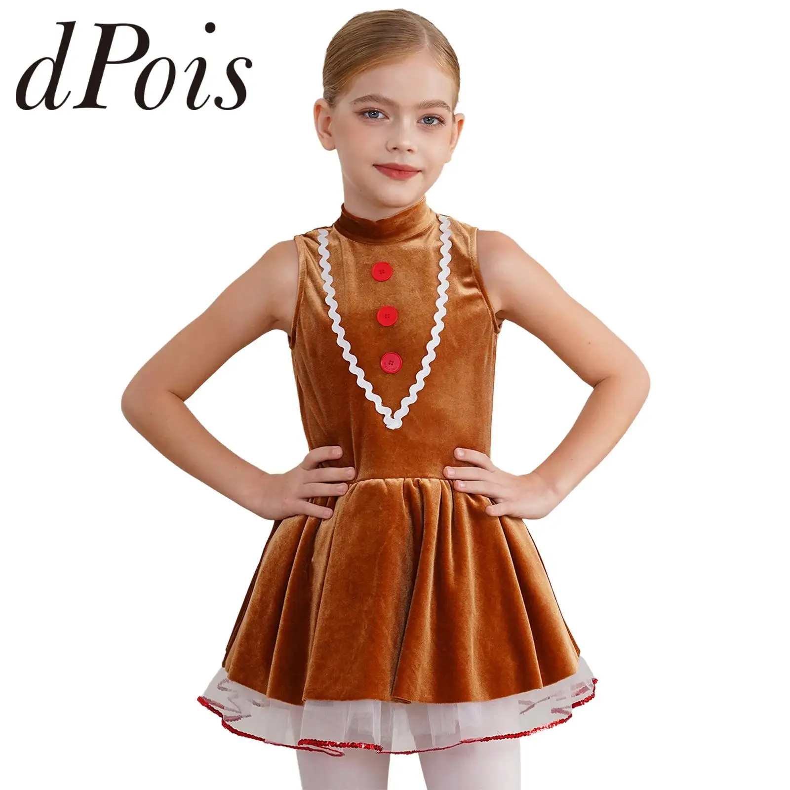 Kids Girls Dance Leotard Jumpsuit Gingerbread Man Costume Xmas Christmas Cookies New Year Costume Sleeveless Velvet Tutu Dress