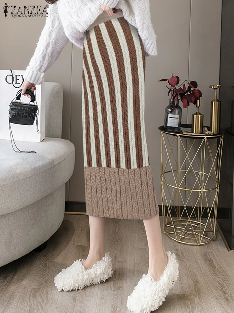 ZANZEA Autumn High Waist Slim Fit Jupes Winter Sundress Stylish Women Sweater Dress Fashion Patchwork Long Skirt Oversize 2024