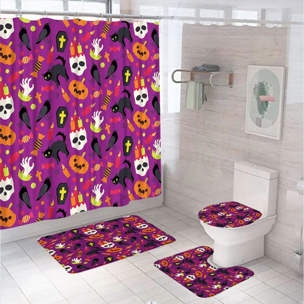 4Pcs Halloween Decor Bathroom Shower Curtains Set Horror Cemetery Pumpkin Bat Old Castle Non-Slip Bath Mat Rug Lid Toilet Cover