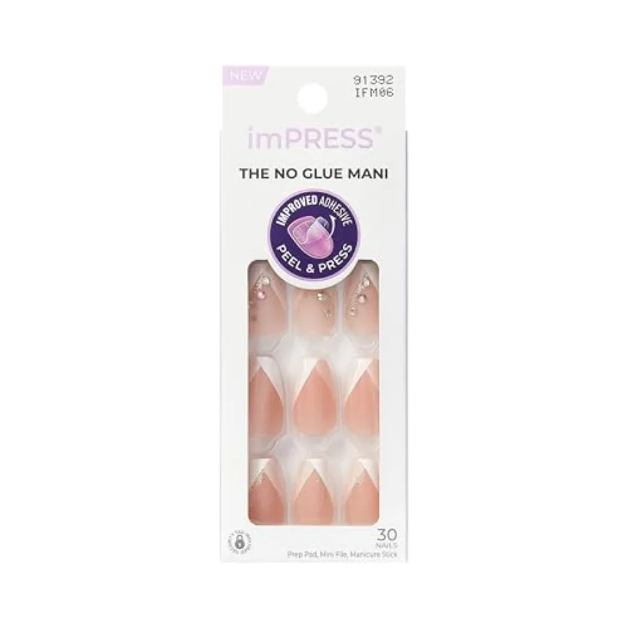 

Impress No Glue Mani Press On Nails, French, 'Glimpse', White, Medium Size, Coffin Shape, Includes 30 Nails, Prep Pad, Instruct