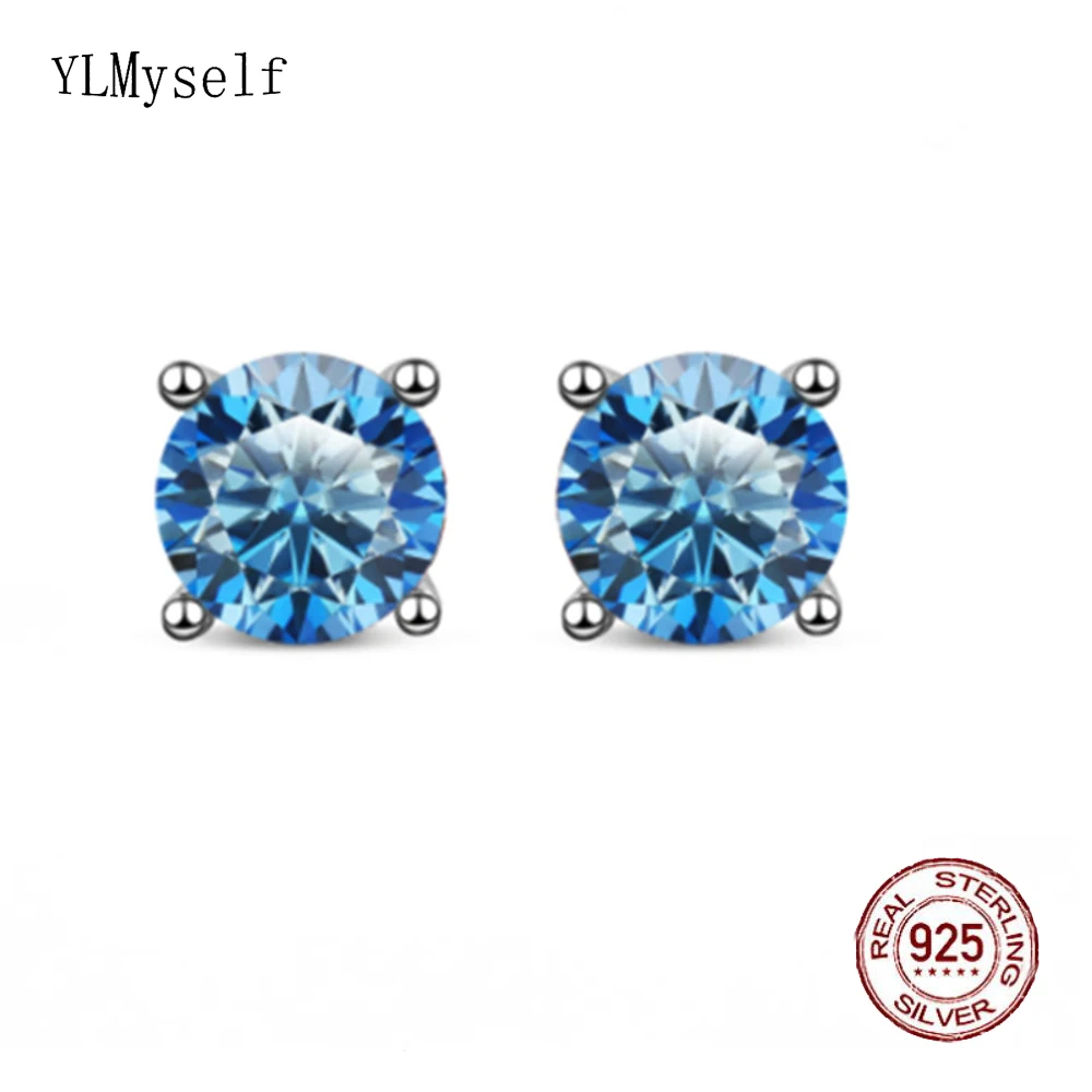 4/5/6.5/8 mm Real Moissanite Diamond Stud Earrings Blue/Red/Green/Yellow/Pink/Black/White/Grey 925 Sterling Silver Jewelry