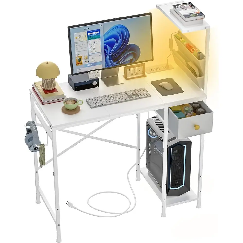 

33.7" Computer Desk with Power Outlets, LED Lights & Der, Small Oice Desk with Storage Bag & Hooks, Gaming Desk or Bedrooms or H