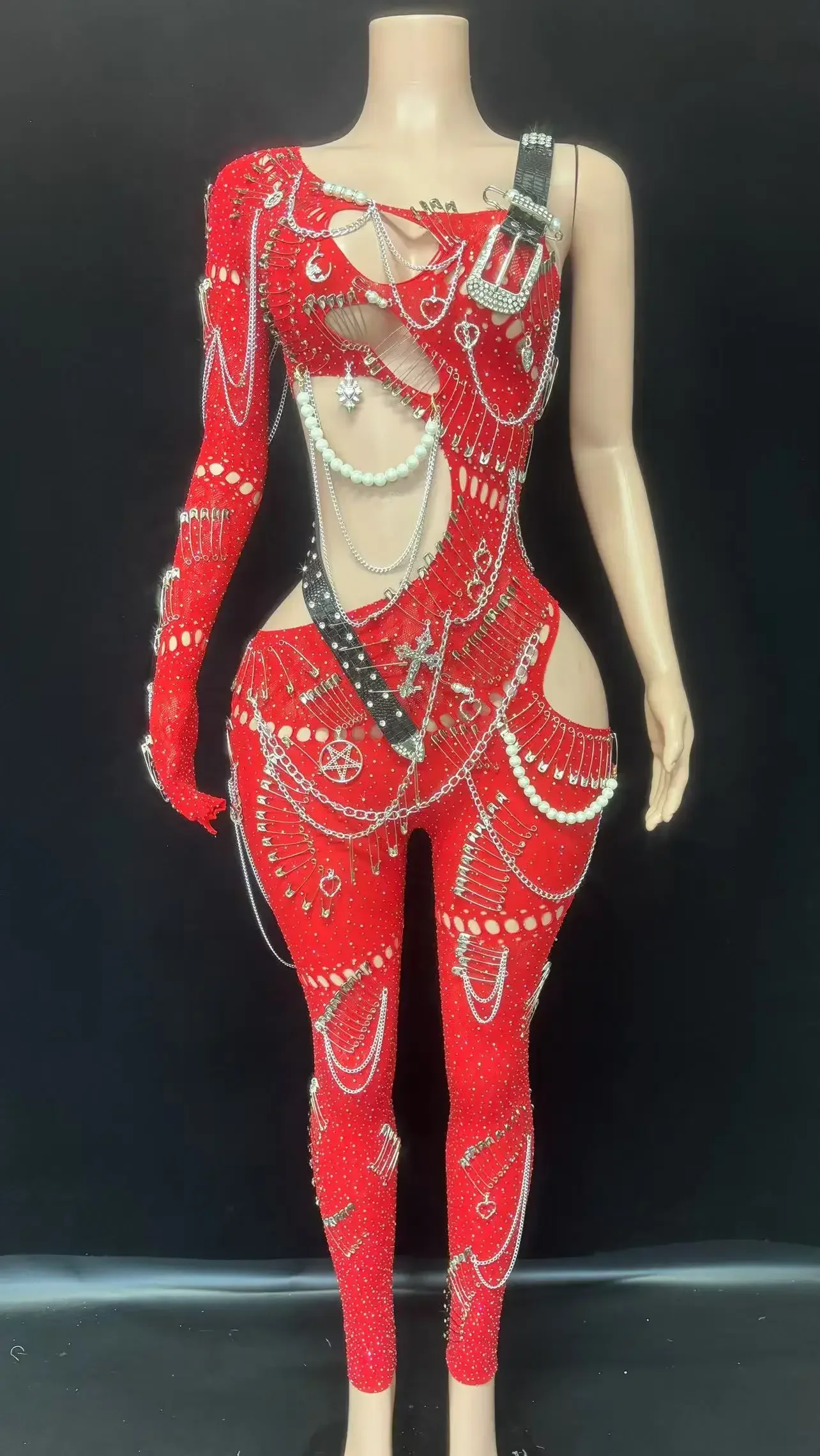 Roupa gogo vermelha boate bar festa palco desempenho macacão feminino corrente de metal brilhante sem mangas corte bodycon traje