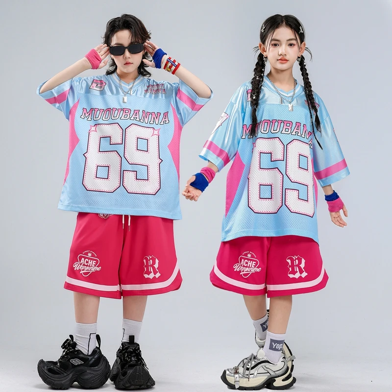 Kids Hip‑Hop Outfit Number Printed Jersey Shirt Contrast‑Color Sports Shorts Girls Boys Streetwear Costume For Jazz Dance Team