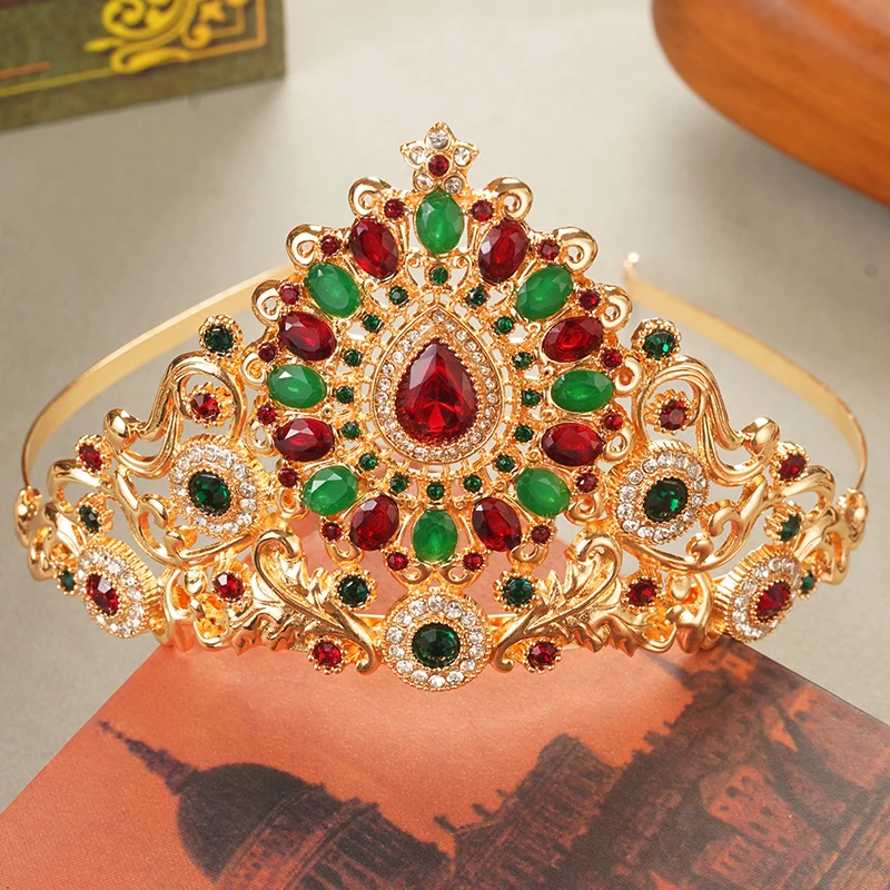 Algerian Women Hair Jewelry Gold Color Fashion Crystal Bridal Tiara and Crown Middle East Wedding Crown Hair Accessories