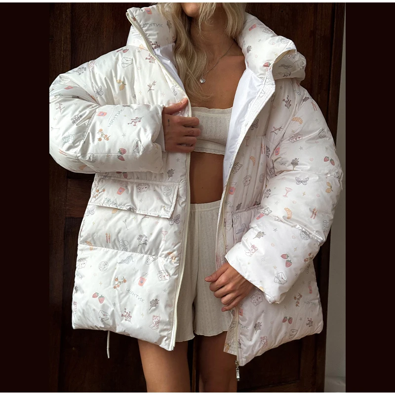 Unique Hooded Women's Winter Jacket Elegant Printed Thicken Pockets Full Sleeve Female Cotton Coat 2025 New Woman Coats Outwears