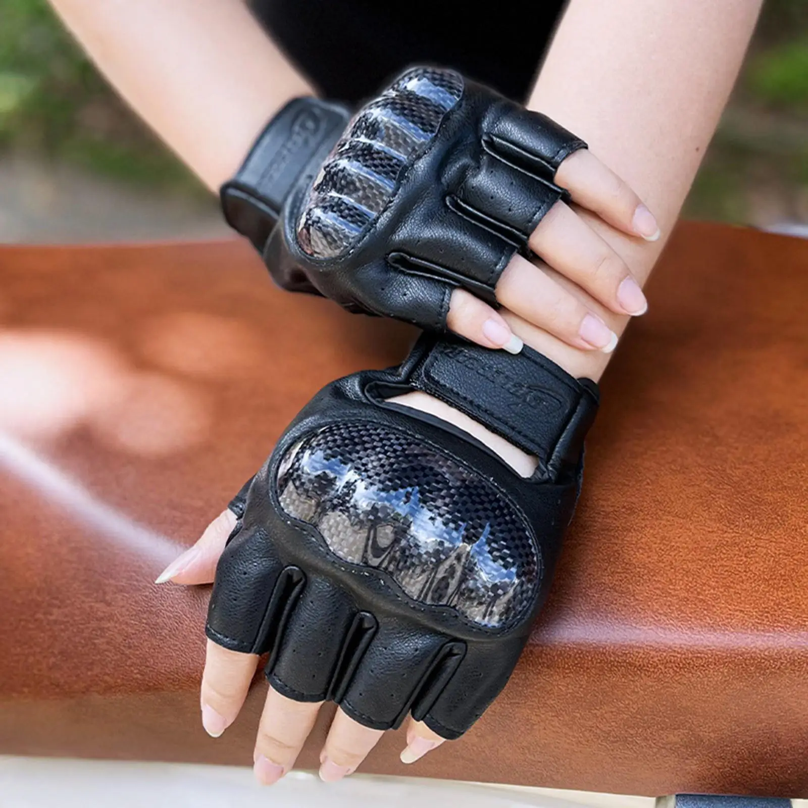 Motorcycle Gloves Half Finger PU Leather Fingerless with Carbon Fiber Protector Breathable Fit for Driving Riding Cycling