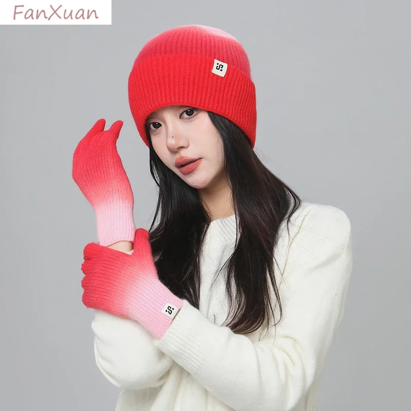 

Knit Beanies Hats Gloves Set for Women Green Red Orange Gradient Ramp Skiing Cap Y2K Fashion Beanies Winter Set for Women