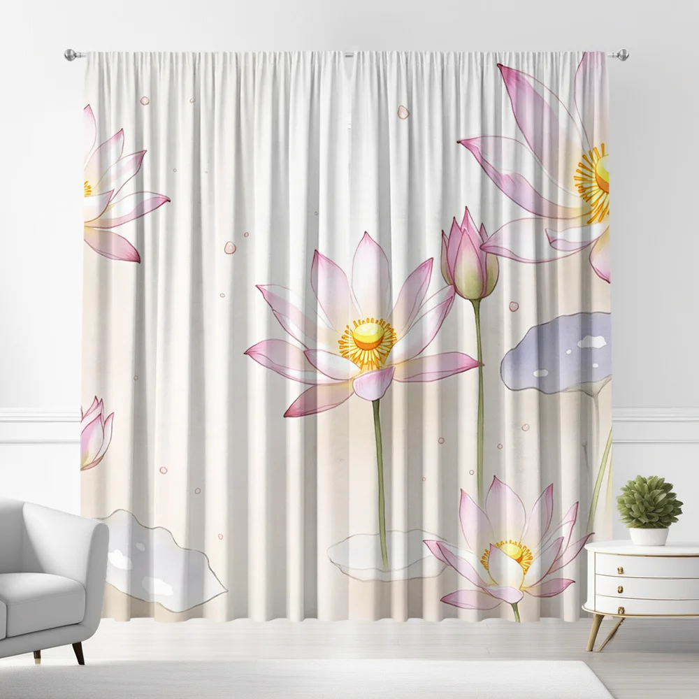 2pcs Chinese Style Elegant Lotus And Leaf Printed Curtains, Featuring a Minimalist Artistic Design with Rod Pocket, Suitable for