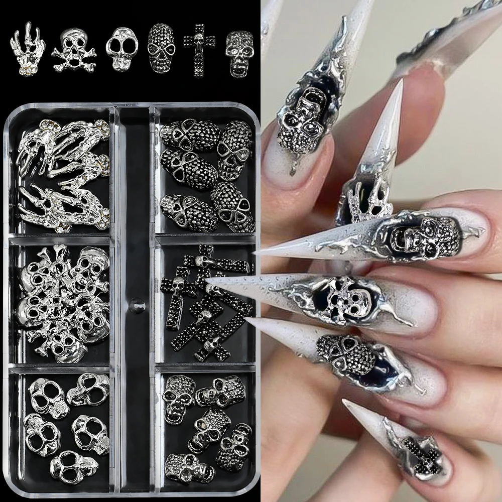 

6-Grids Silver Halloween Head Skull Nail Charms 3D Vintage Punk Cross Skeleton Hand Bones Nail Jewelry Gothic Metal Y2k Nail Dec