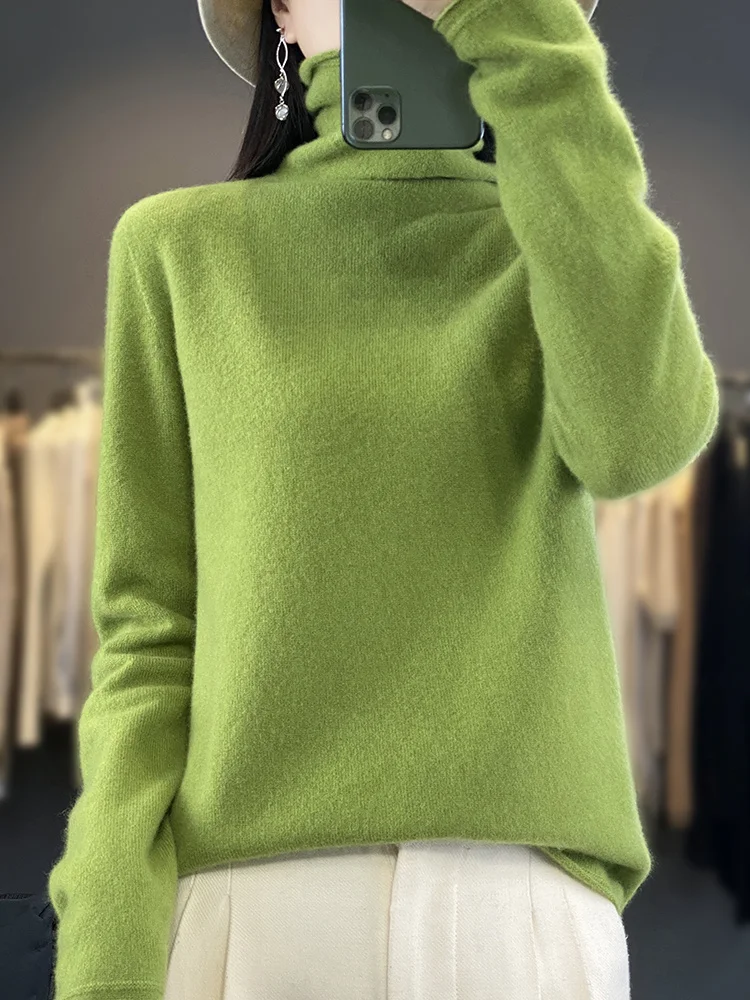 

Binding Ruffled Collar 100% Merino Wool Knitwear Chic Women's Pullovers Button Sweater Comfort Soft Warm Casual Simple Tops