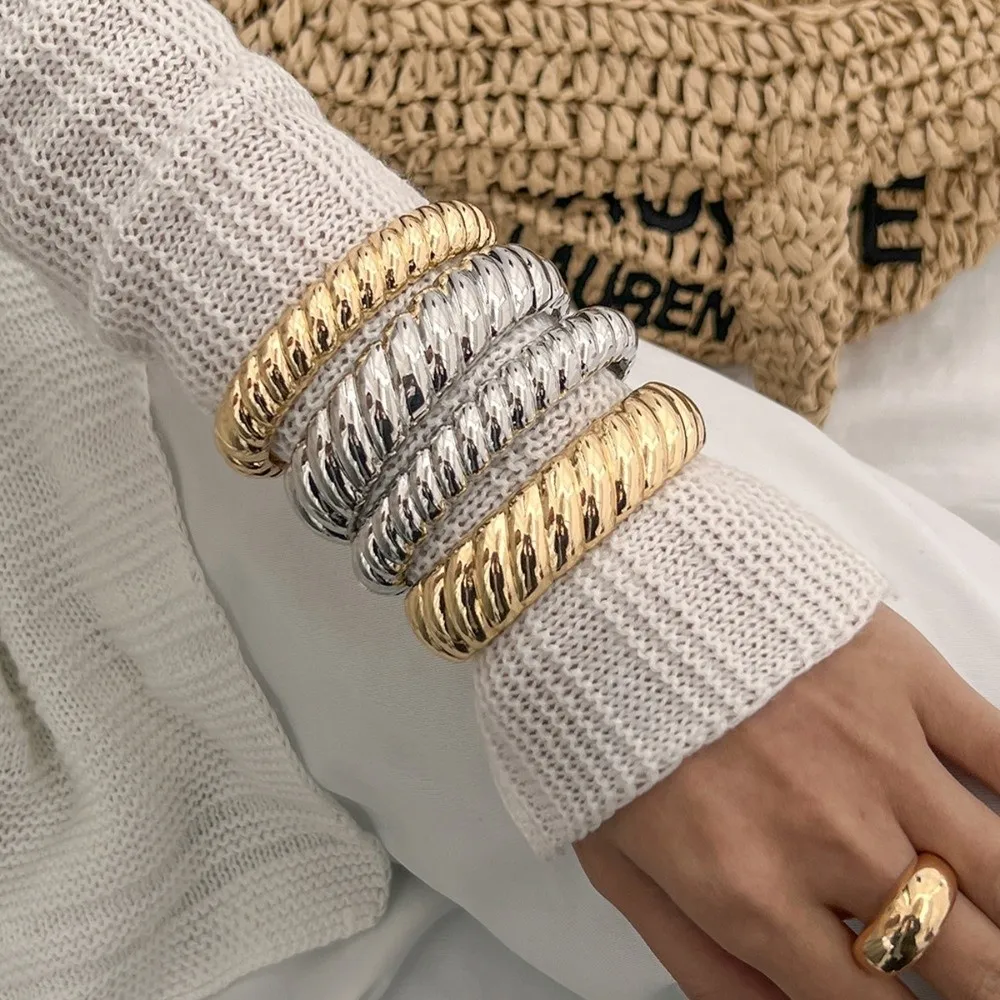 

Hip-Hop Thick Thread Texture Bangle Gold Silver Punk Retro Spring Bracelet Metal Minimalist Women's Hand Bracelet Couple