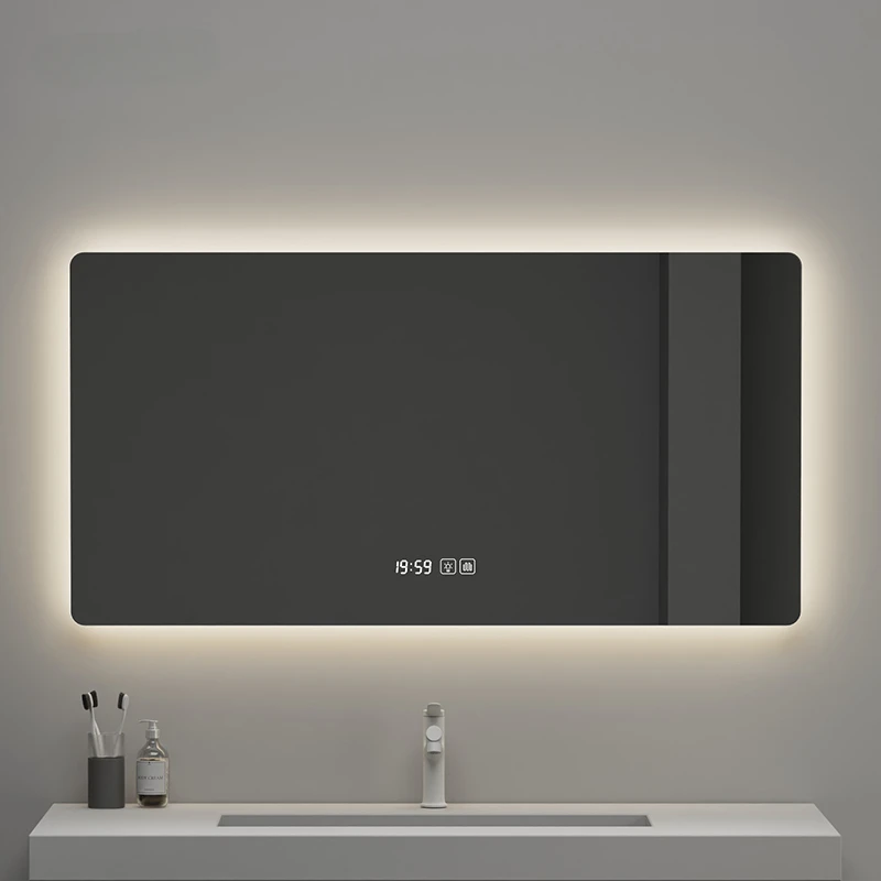 Specchio decorativo quadrato intelligente per la camera da letto dell'hotel, specchio da bagno a LED, retroilluminazione regolabile a 3 colori, rilevamento del corpo umano