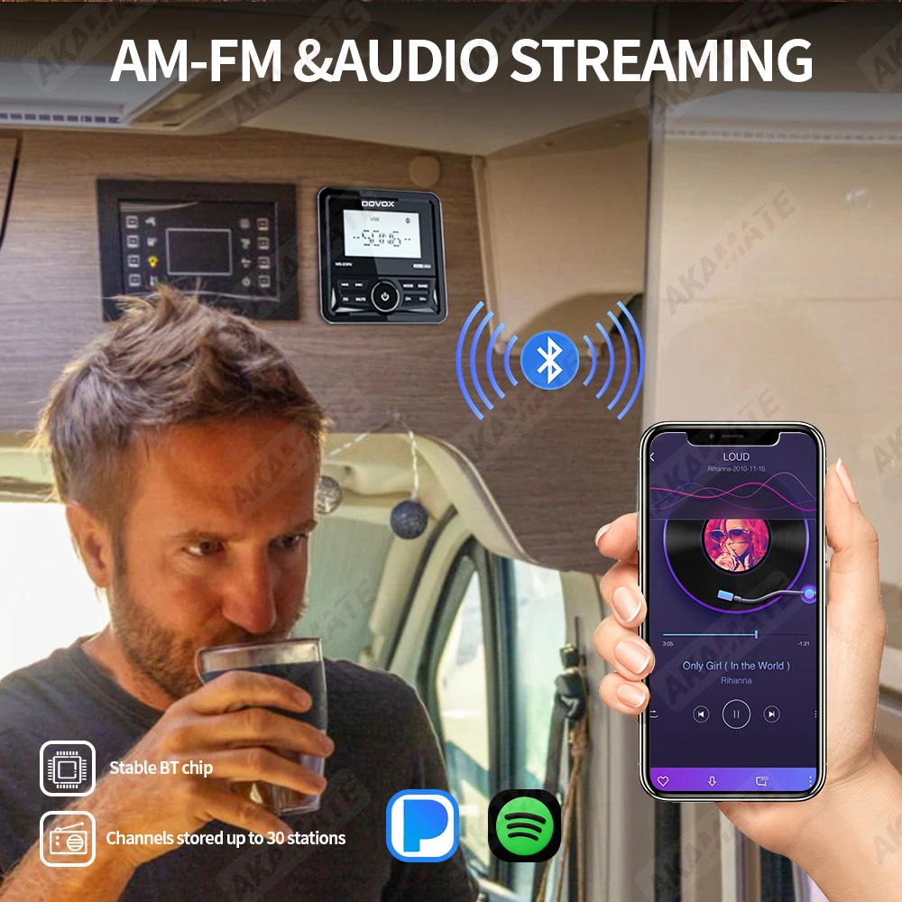 For RV Car Radio Stereo MP3 Media Player 200W Speaker Bluetooth USB AUX EQ for UTV ATV SPA RZR Marine Yacht FM AM Radio Antenna