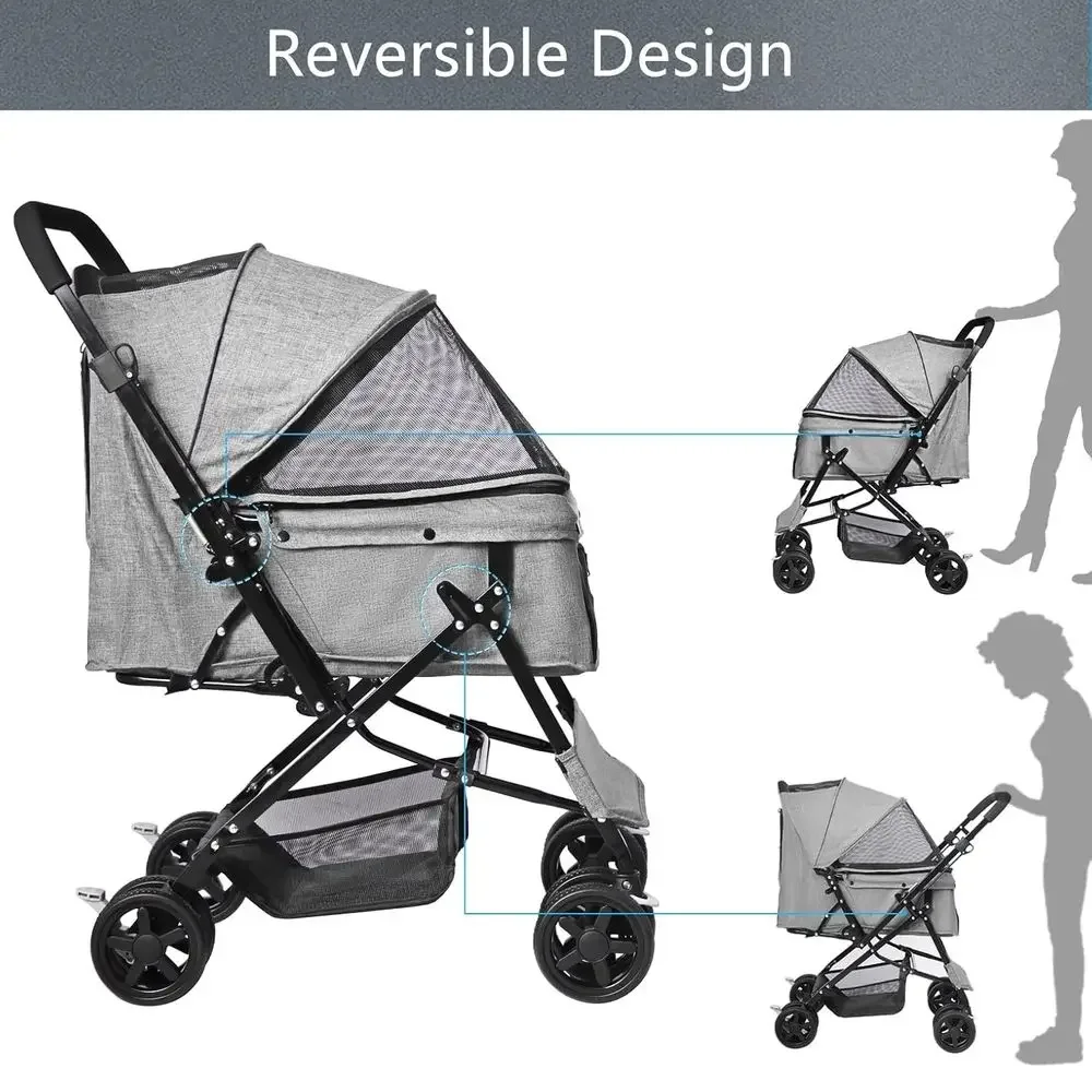 Reversible Handle Pet Stroller for Medium Dogs and Cats with Spacious Storage Basket, Gray