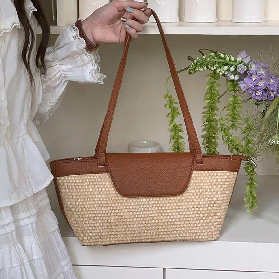 

Pu+Straw Handmade Woven Bag for Women Handmade Raffia Woven Tote Purse Handbag Summer Beach Shoulder Bags for Vacation Holiday