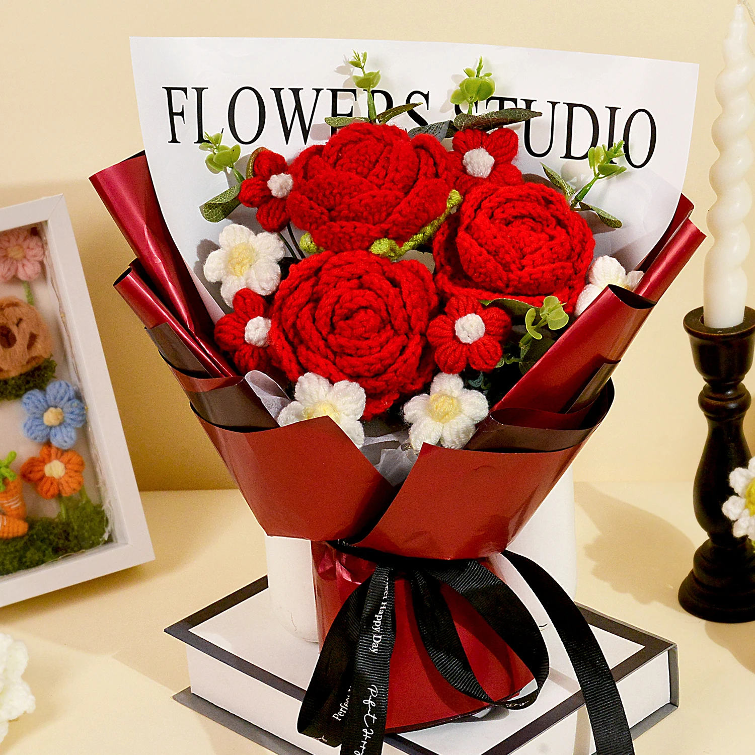Ramo de flores de rosas rojas de ganchillo hecho a mano, ramos de flores de ganchillo para el día de la madre, el día de San Valentín, aniversario, cumpleaños