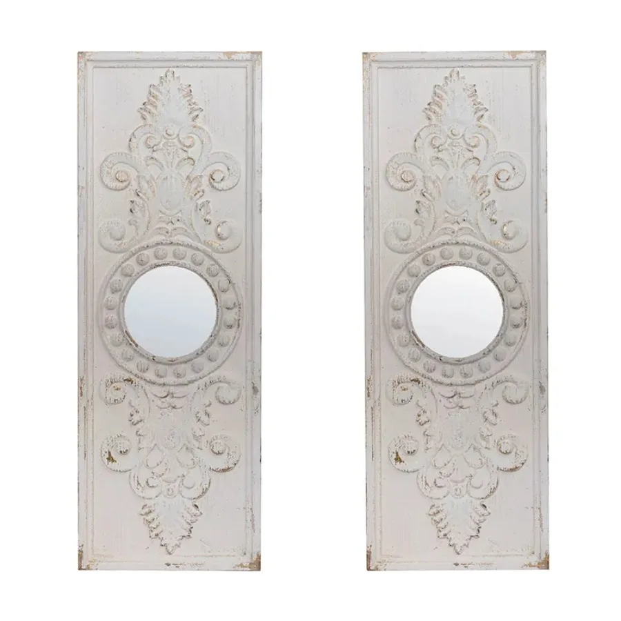 Set of 2 Large Wooden Wall Art Panels with Distressed White Finish and Round Mirror Accents 17