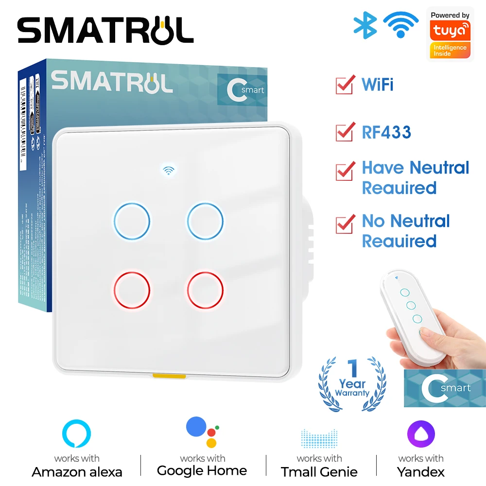 SMATRUL Tuya Smart Home WiFi RF433 EU Wall Light Touch Switch No Neutral Wire 110-240V Timing Voice App For Alexa, Google Home