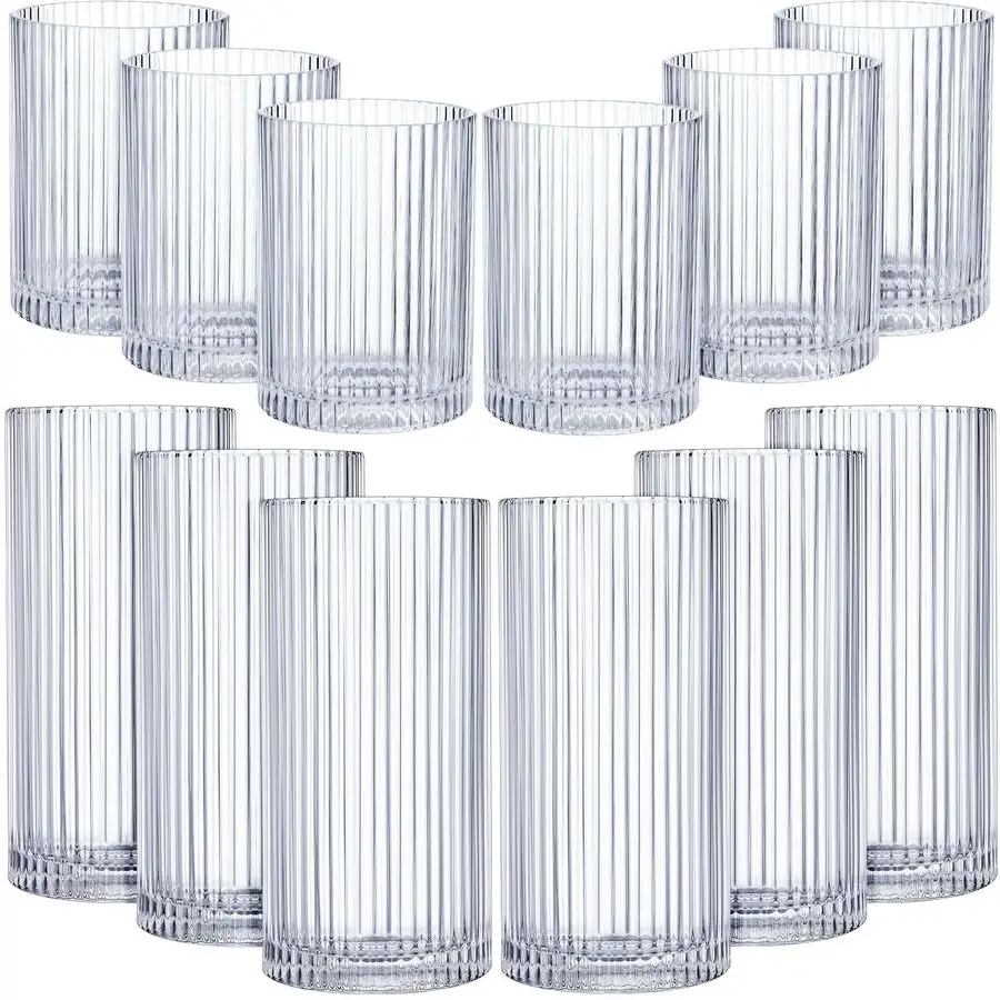 

12 Pcs Ribbed Drinking Glasses Set 9 oz 12 oz Glass Cups Vintage Glassware Ribbed Cocktail Cup Clear Ice Coffee Highball Ripple