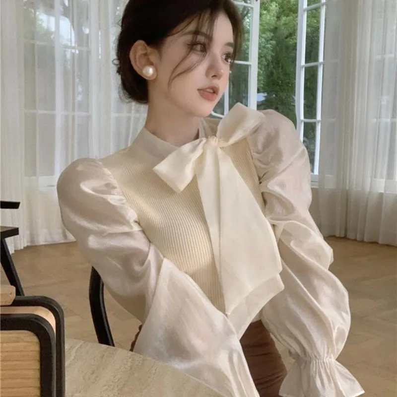 Bow Blouses Women Slim Elegant Office Lady Vintage Puff Sleeve Patchwork Designed Aesthetic Autumn Pretty Tops Fashion All-match