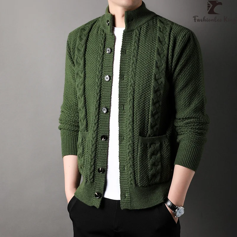 Luxury Men\'s Long Sleeve Cardigan Sweater Classic Plaid Knitted Fashion Knit Jacket Coat