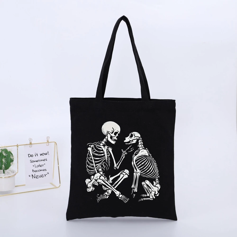 Skeleton and Dog Graphic Canvas Tote Bag, Streetwear Style for Daily Casual Use