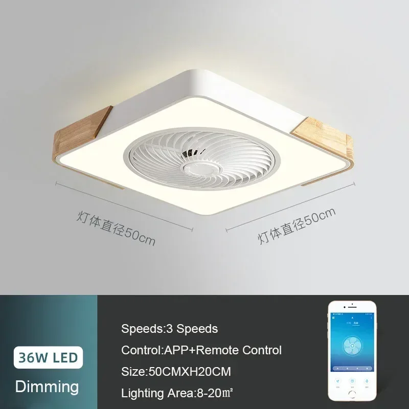 Ventilador de techo redondo y cuadrado para dormitorio, luz Led de madera Simple, diseño de estilo japonés, 110V, 220V, control remoto por aplicación