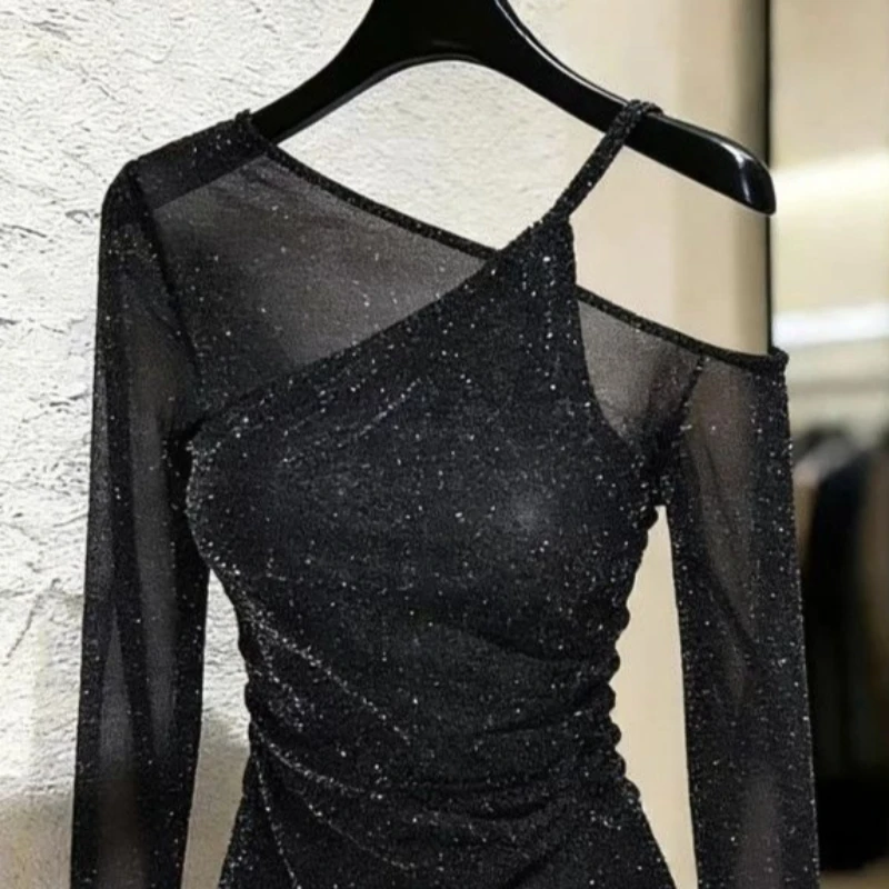 T-shirts Women Sexy Sheer Fake Two Piece Fashion Off-shoulder Casual Solid Chic Hotsweet High Street All-match Aesthetic Spring