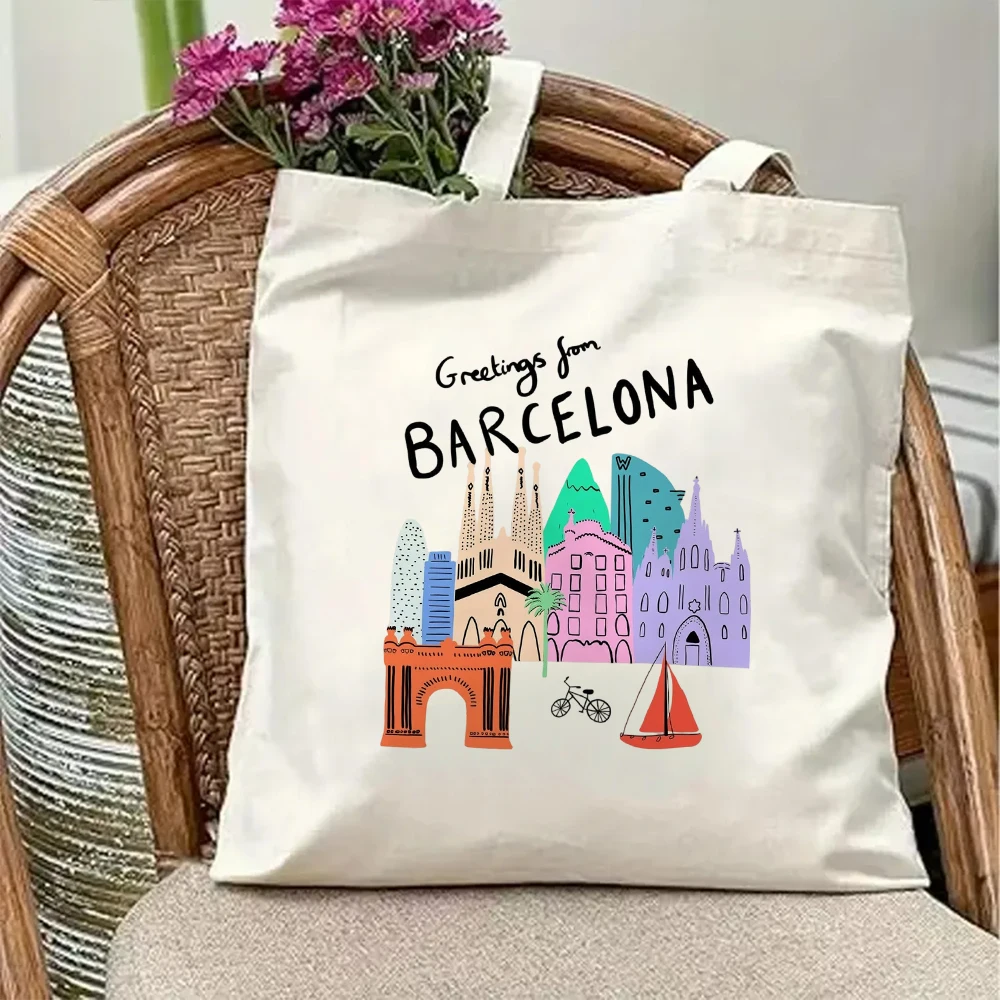 Bolsa de tela con estampado de horizonte de Barcelona, ​​estilo vintage, reutilizable, para compras, viajes y uso diario