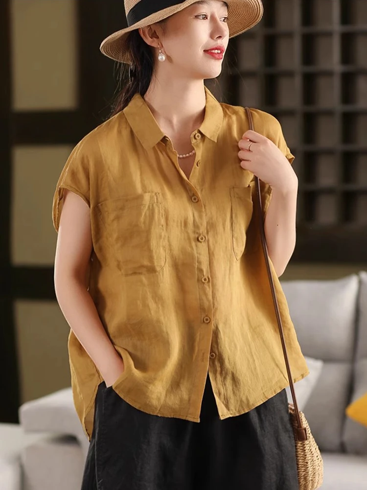 

100% Linen Women Casual Shirt New Arrival 2025 Summer Vintage Style Solid Color Loose Female Short Sleeve Tops Shirts M1654