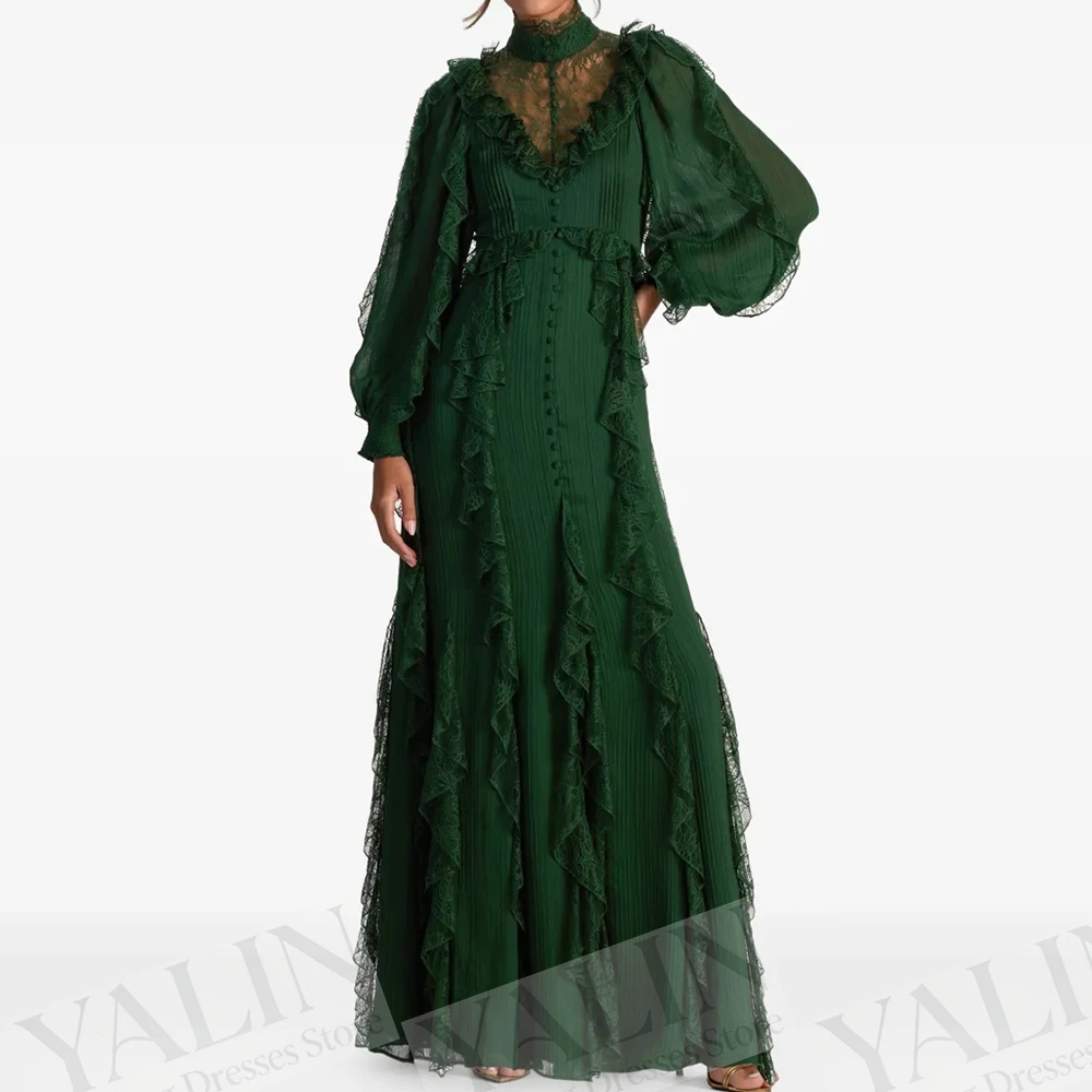 

Women's A-line Evening Dresses Floor-length High-neck Full Sleeve Prom Gown Fashion Lace Ruched Button Draped Customized Gowns