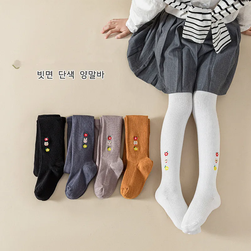 Spring Solid Color Knitted Children's Pantyhose Cotton Double Needle Girls' Tight Pants Cute Animal Cartoon Girls' Wear Leggings