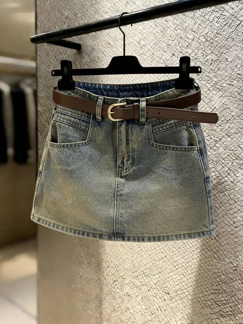 

Джинсовая мини-юбка из выстиранного денима для женщин, новинка лета 2026, с высокой талией, А-силуэт, облегающая, винтажная, повседневная, для города