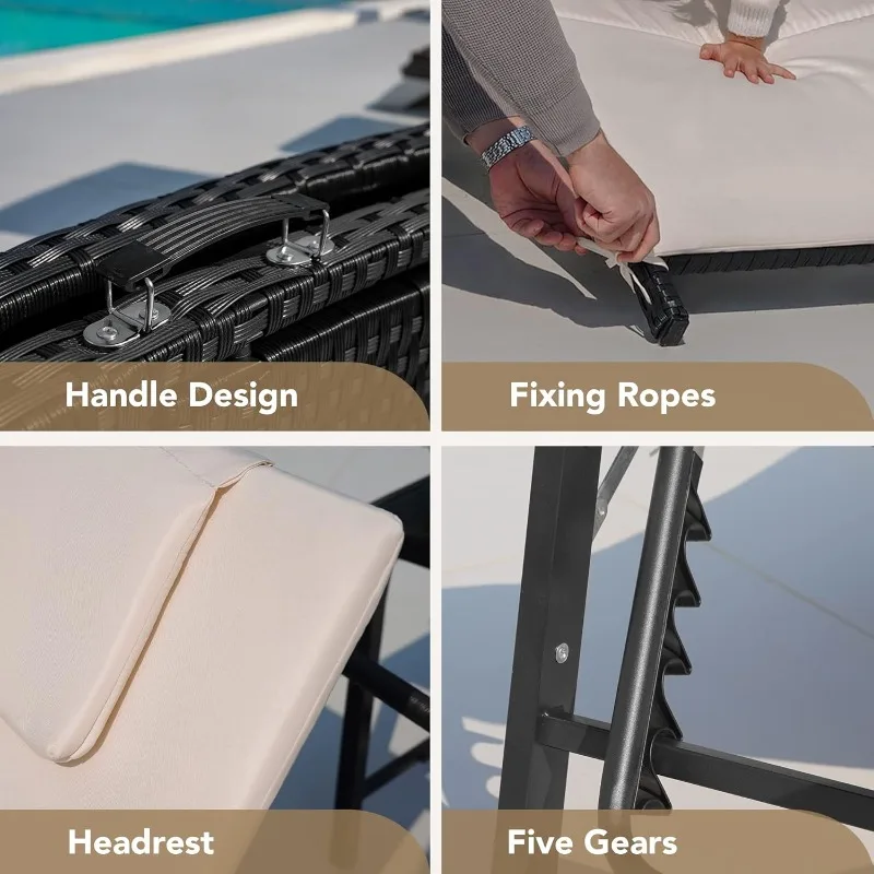 Conjuntos de espreguiçadeira para pátio ao ar livre, rattan, costas ajustáveis, 3 peças, espreguiçadeira dobrável acolchoada para pátio com dobrável (bege)