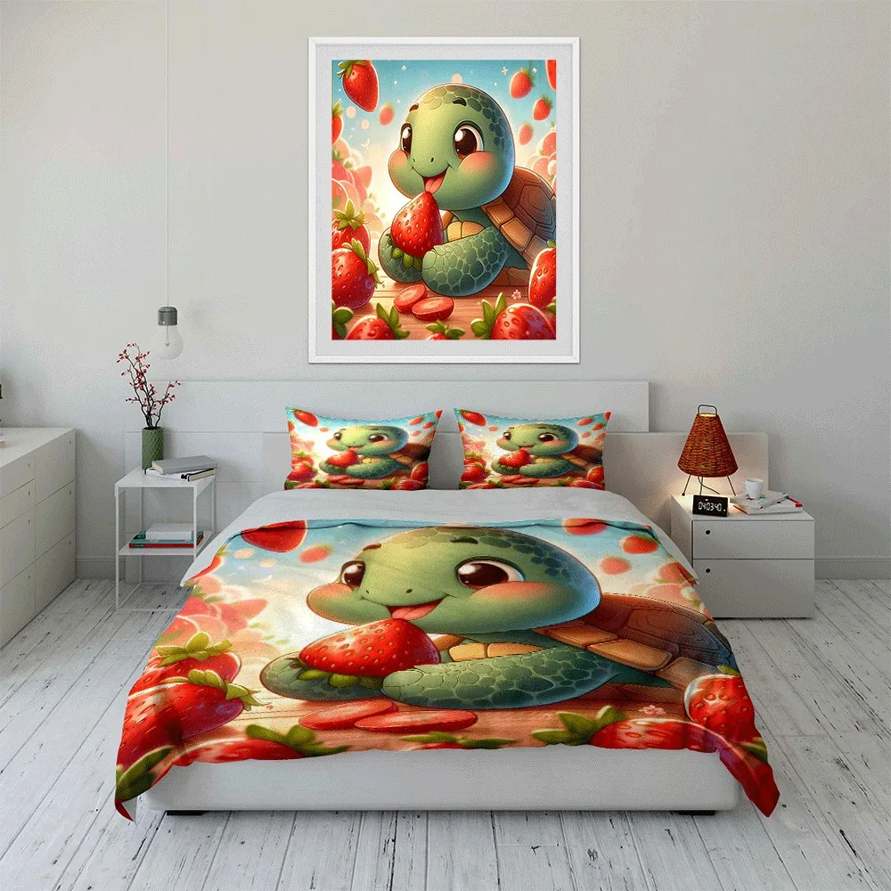 Adorable Turtle Enjoying Strawberries Set Exquisite three-piece bedding set gift for kids and adults
